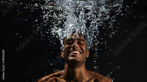 a full body view of male model  jumped in clear water