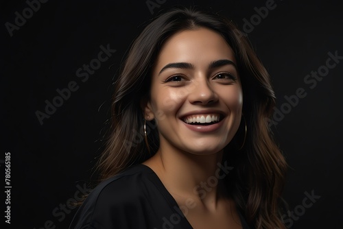 young mexican middle aged woman on plain bright black background laughing hysterically looking at camera background banner template ad marketing concept from Generative AI