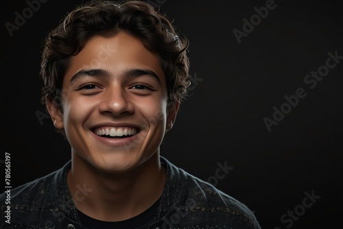 young mexican teenage boy on plain bright black background laughing hysterically looking at camera background banner template ad marketing concept from Generative AI