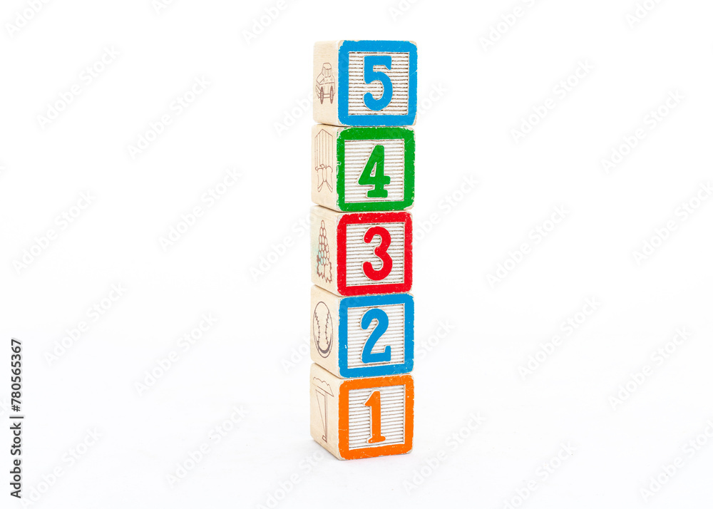 Wooden number blocks 54321 isolated on white background. Wooden number blocks 54321 isolated on white background.