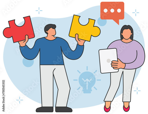 Young man and woman solving jigsaw puzzle background illustration