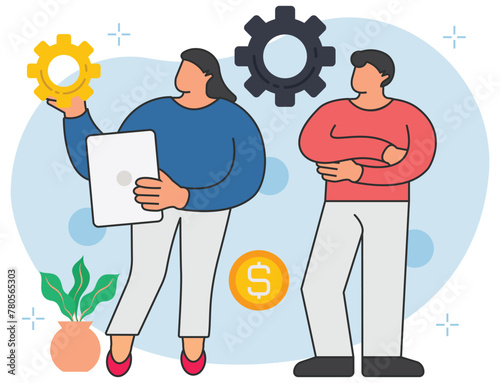 Girl and man working on money management background illustration