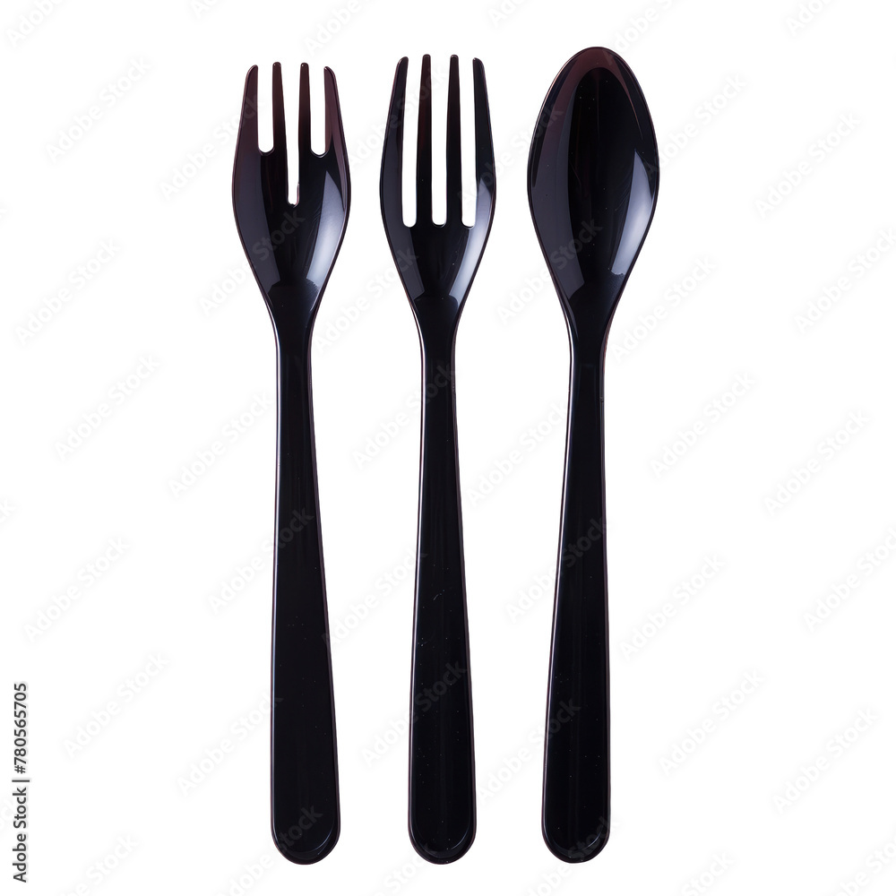 Three black plastic forks and spoons on a transparent background Three black plastic forks and spoons on a transparent background