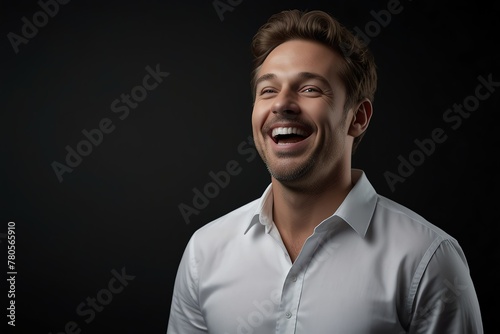 young white middle aged man on plain bright black background laughing hysterically looking at camera background banner template ad marketing concept from Generative AI