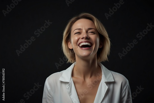 young white middle aged woman on plain bright black background laughing hysterically looking at camera background banner template ad marketing concept from Generative AI