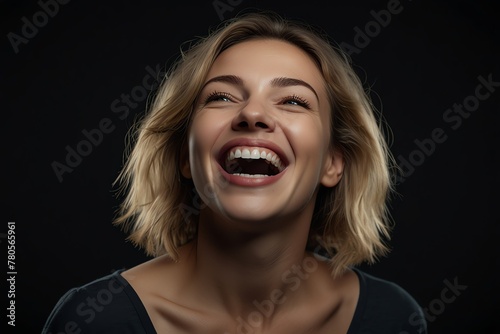 young white middle aged woman on plain bright black background laughing hysterically looking at camera background banner template ad marketing concept from Generative AI