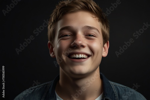 young white teenage boy on plain bright black background laughing hysterically looking at camera background banner template ad marketing concept from Generative AI
