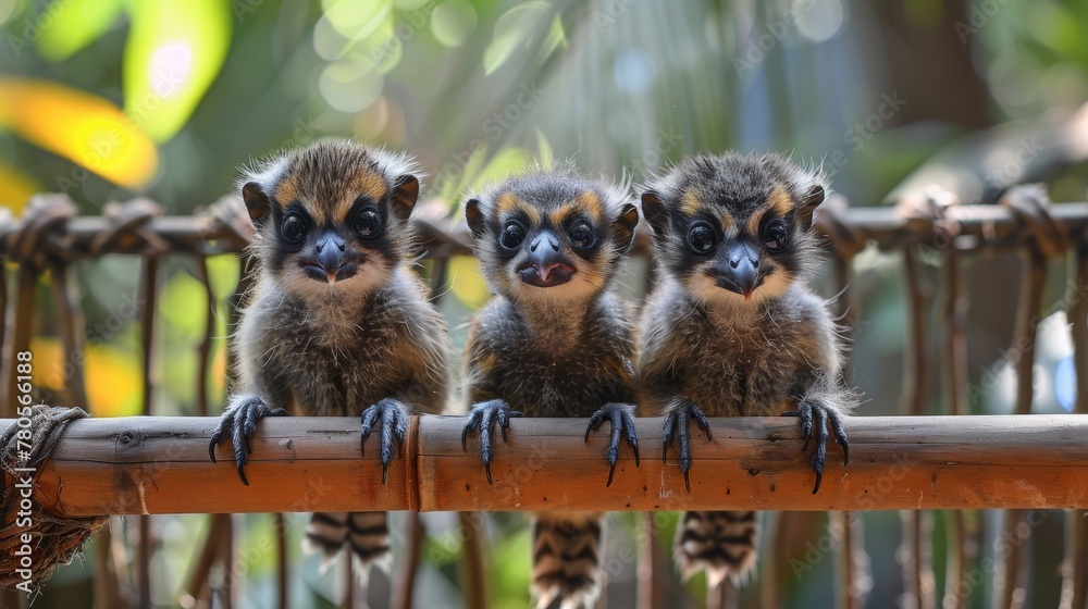 Fototapeta premium Three small fantasy creatures, mix of birds and lemur, sitting on a wooden pole with their beaks open, AI