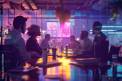 a group of people are sitting at tables in a restaurant at night