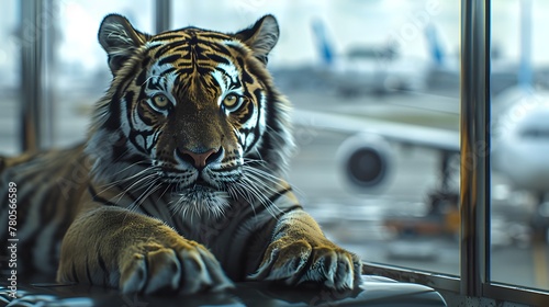 tiger sits in the airport area