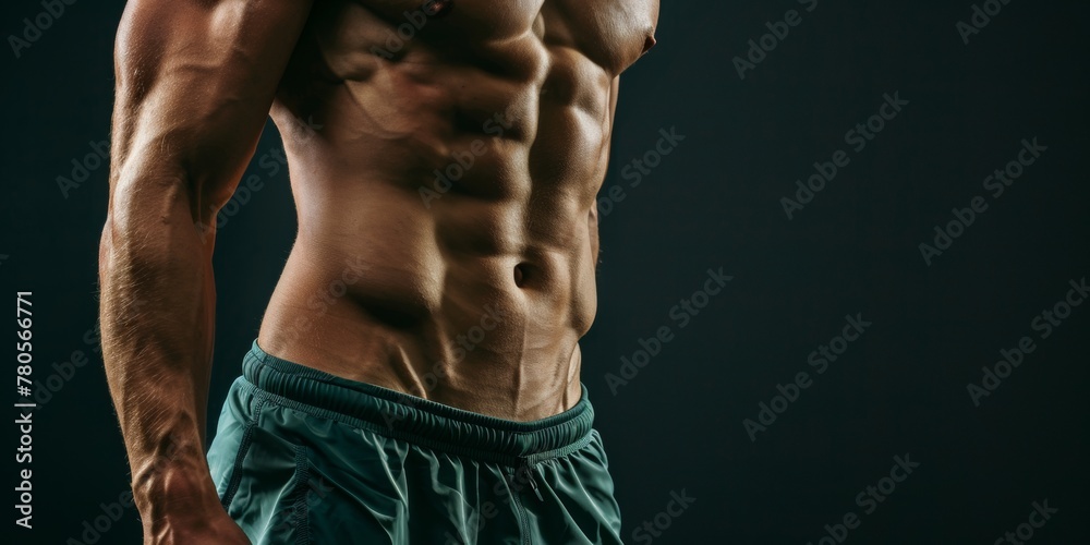 Muscular Male Torso, Man Showing His Well-defined Body, Abdomen Muscles Closeup, Dark Background With Copy Space