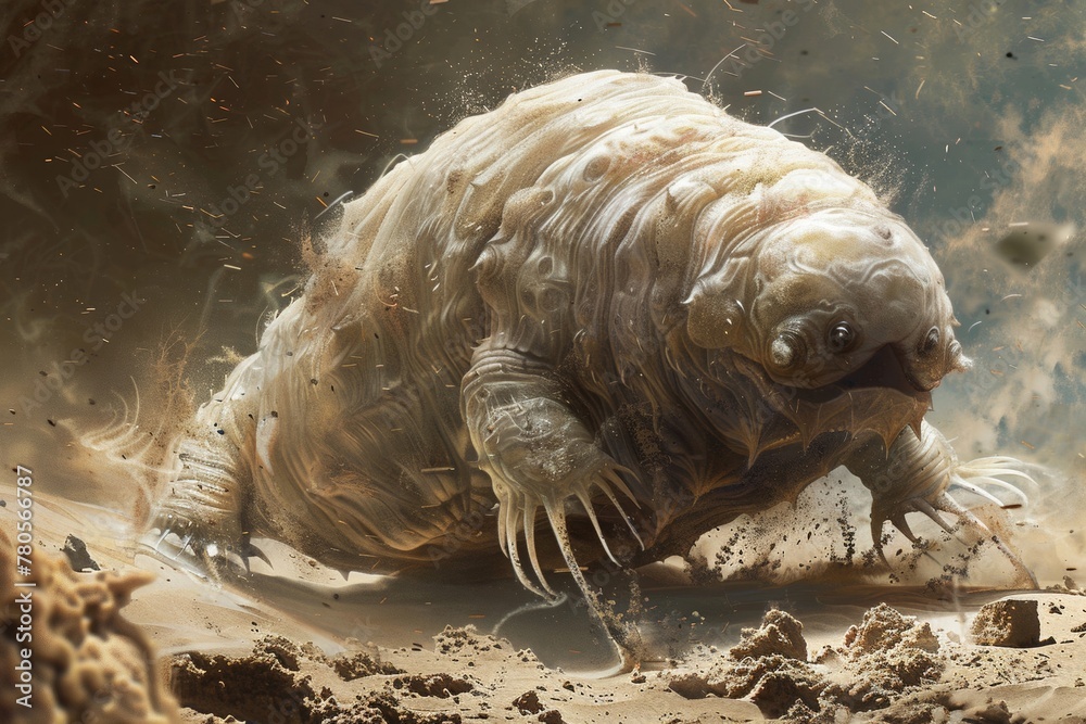 Microscopic tardigrade With a flexible body and small claws that cling to sand grains, Microscopic tardigrade With a flexible body and small claws that cling to sand grains,