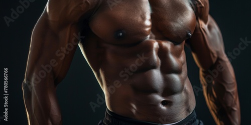 Muscular Male Body, Afro-American Man Showing His Well-defined Muscles, Abdomen Closeup In a Dark Background