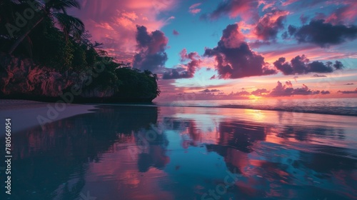 A sunset on a beach with clouds and water, AI