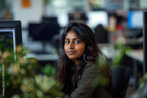 South Asian woman working in a office.
