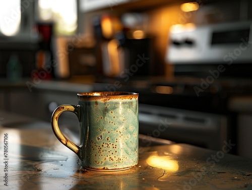 Alarm rings, rigid morning routine starts, contrast of a grubby coffee mug with a pristine kitchen, closeup, professional color grading, clean sharp,clean sharp focus, digital photography photo
