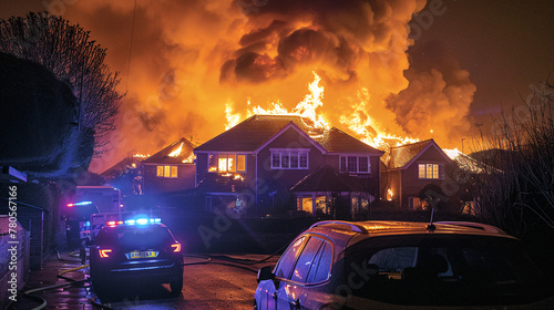 a dramatic scene of a two-story suburban house engulfed in flames