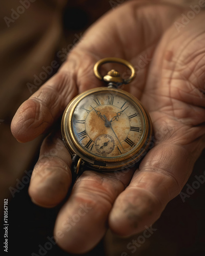 Antique pocketwatch in palm, closeup, family heirloom, storytelling moment, emotional depth