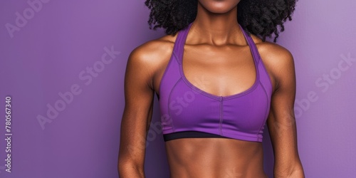 Black Woman Well-defined Torso, Woman Wearing Purple Gym Top, Purple Background With Copy Space