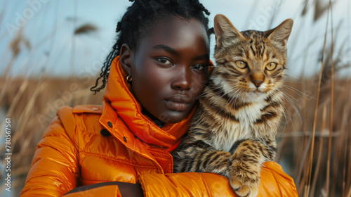 A woman in orange jacket holding a cat with its head on her shoulder, AI