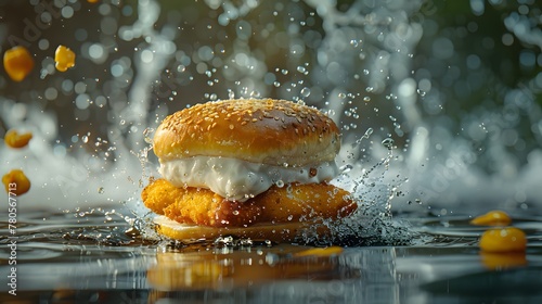 Isolated fish burger in spash water, perfect for a light and healthy lunch photo