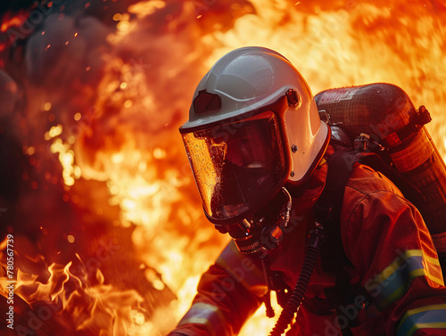 Firefighter battling blaze, intense flames, dynamic action shot, professional color grading, clean sharp,clean sharp focus, digital photography © Pakorn
