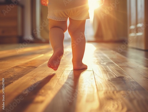 Healthy toddler takes slow, wakeful steps in a sunlit room, the joy of first steps, soft focus on chubby legs, professional color grading, clean sharp,clean sharp focus, digital photography