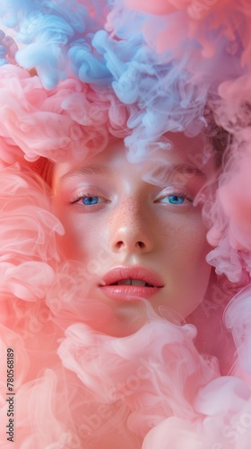 A woman with blue eyes surrounded by pink and white smoke, AI