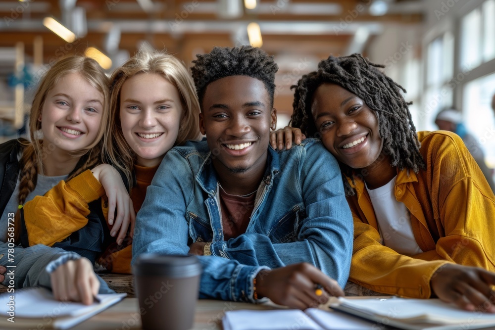 A group of four people sitting together smiling at the camera, AI A group of four people sitting together smiling at the camera, AI
