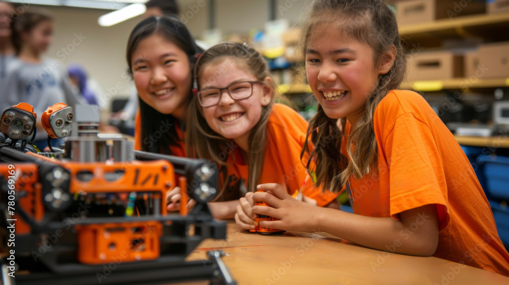 Three girls smiling at the camera while working on a robot, AI