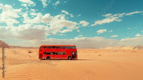 A bright red London doubledecker bus halfburied in the sands of a vast desert, a mirage of transportation and isolation photo
