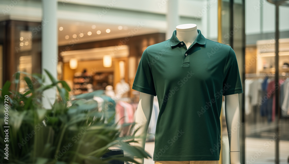 Fototapeta premium Green collar T-shirt worn on a mannequin in a minimalist style with a clothing store background logo Placement and Branding concept 
