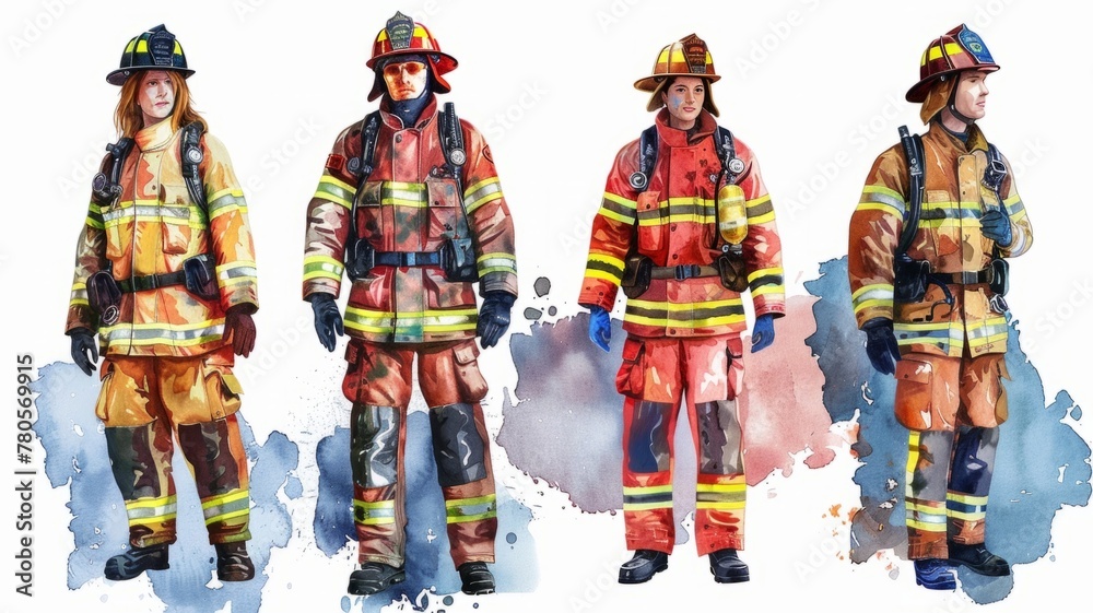 Four firefighters with vibrant watercolor effect - Four firefighter figures are set against a lively watercolor backdrop, emphasizing readiness
