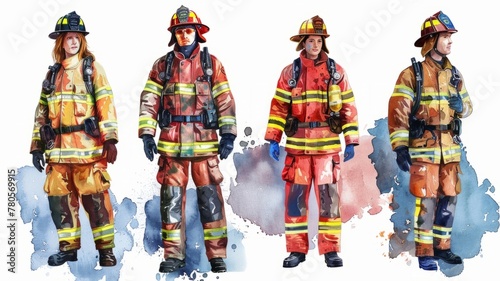 Four firefighters with vibrant watercolor effect - Four firefighter figures are set against a lively watercolor backdrop, emphasizing readiness photo