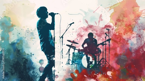 Musician silhouette with abstract watercolor background - Lead singer performing fervently on stage as watercolor splashes evoke the high energy of a live concert