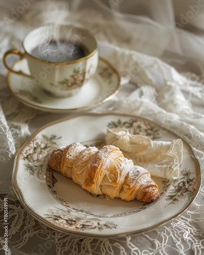 A delicate pastry displayed on a vintage china plate  accompanied by a cup of steaming coffee on a lace tablecloth  soft shadowns  no contrast  clean sharp clean sharp focus  digital photography