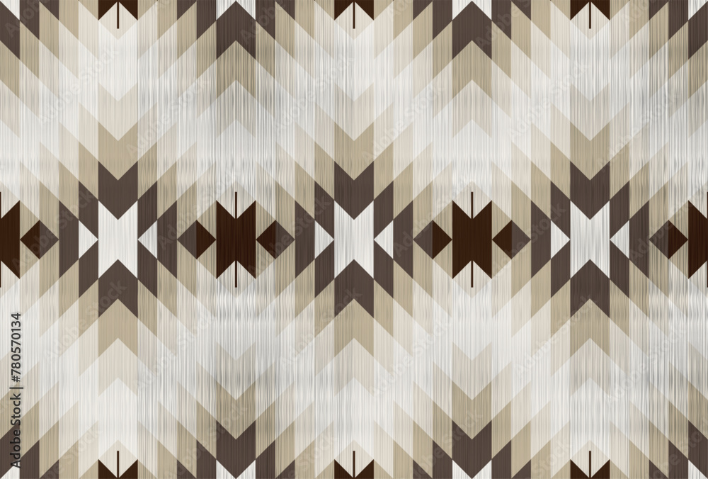 Dark brown navajo symbol.Brown and beige zigzag border.Square shape.Triangle pattern.Seamless pattern.Line.DIgital design.Illustration.Design for printing.Rug.Blanket.Carpet.Bedspreads.Tablecloth - obrazy, fototapety, plakaty 