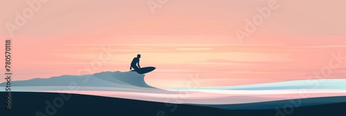 Minimalist silhouette of a surfer riding a gentle wave - The image captures a solitary surfer's silhouette on a surfboard riding a soft wave during a pastel sunset