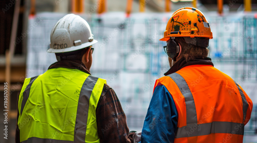 Two men in hard hats standing next to each other talking, AI Two men in hard hats standing next to each other talking, AI
