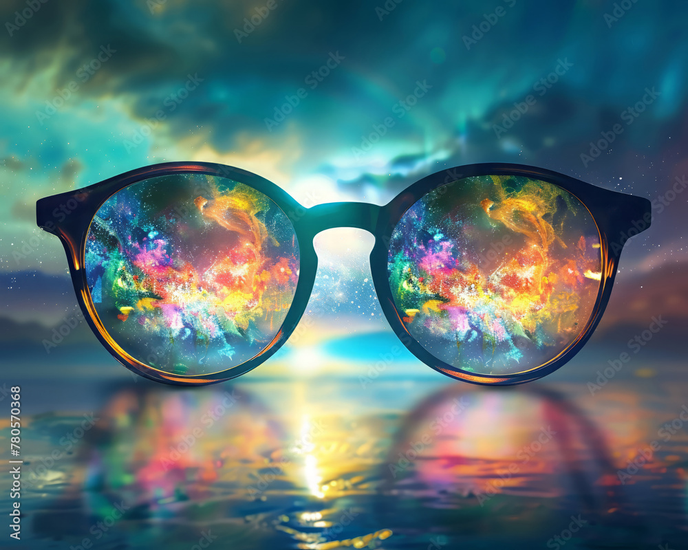 A pair of glasses that reveal the aura of all things alive, showing the world in a spectrum of emotions and energies - obrazy, fototapety, plakaty 