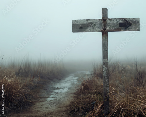 A rustic, wooden signpost at a crossroads in a misty, morning field, pointing towards destinations unknown ,soft shadowns, no contrast, clean sharp,clean sharp focus, digital photography