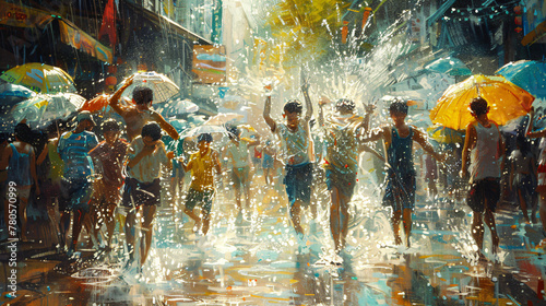 Songkran Festival Celebration with People Splashing Water on Streets. Traditional Thai New Year Water Festival Concept. Paintings of Joyful Water Fights in Urban Setting for Poster, Greeting Card photo