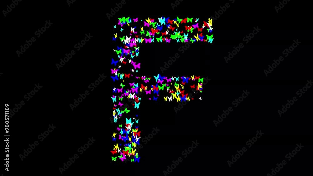 English alphabet F with colorful butterflies on plain black background English alphabet F with colorful butterflies on plain black background