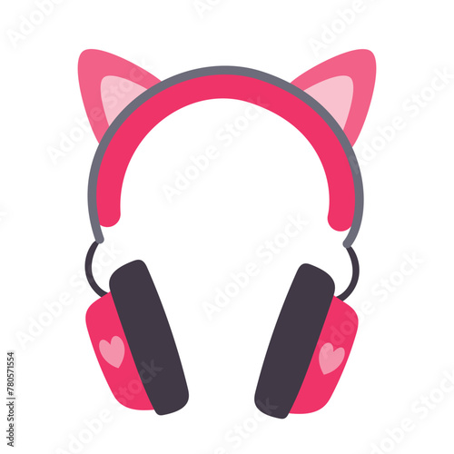 Girly pink gaming headset with cat ears, hand drawn vector illustration in flat design, isolated on white