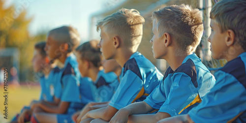 A group of schoolchildren on the bench during a football match. Young football players watch a tournament match. Children in football jerseys photo