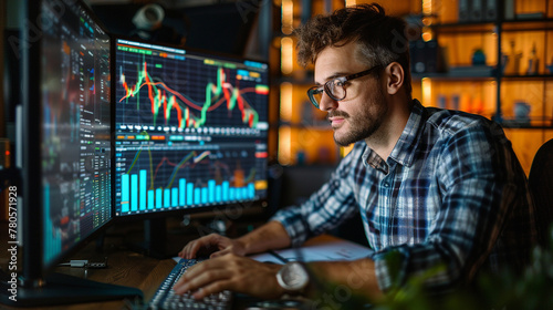 Trader Analyzing Financial Charts at Night