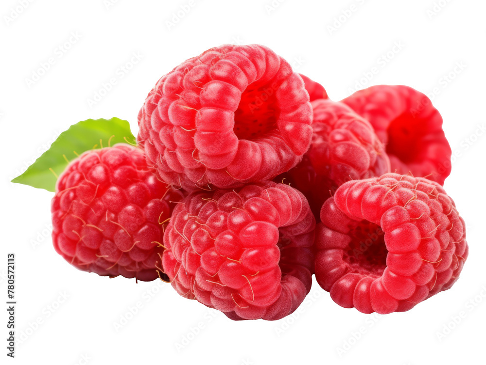 Ripe group of raspberries fruit isolated on transparent background cutout, PNG file. Ripe group of raspberries fruit isolated on transparent background cutout, PNG file.