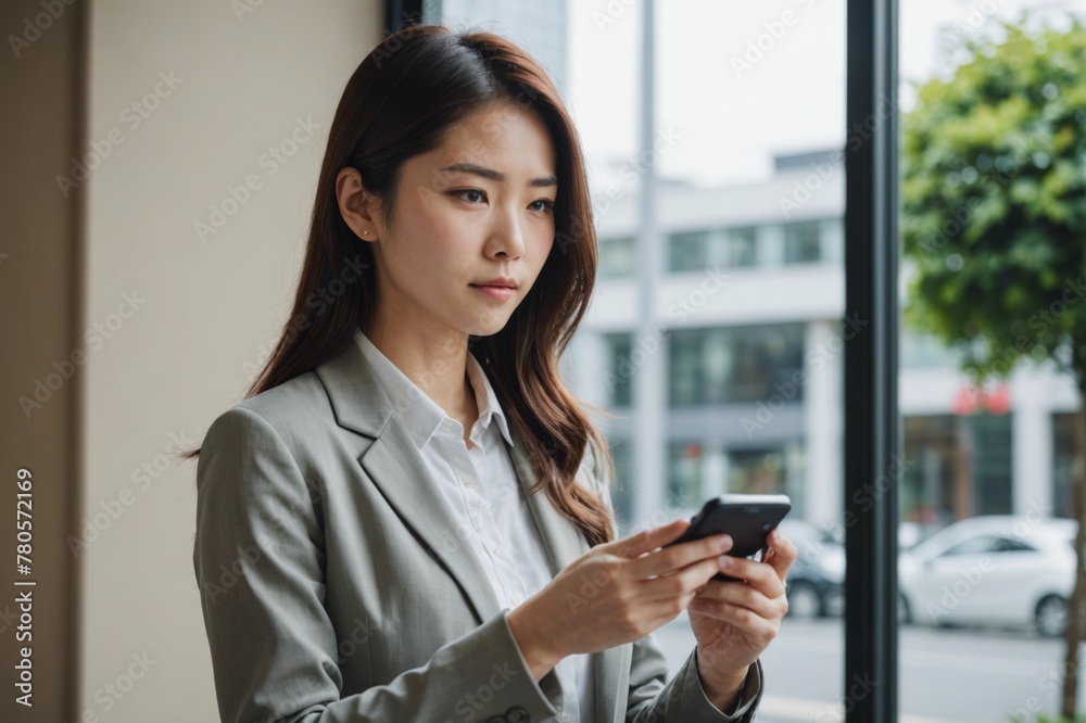 A side view shot of Young Japanese Businesswoman Standing with smart phone by the Window A side view shot of Young Japanese Businesswoman Standing with smart phone by the Window