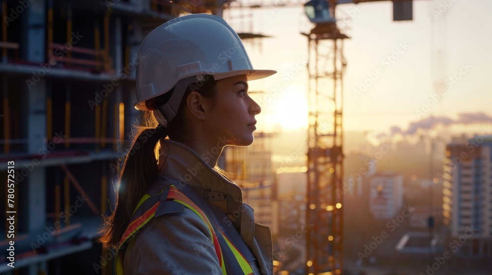 Woman in white safety helmet oversees construction, detailed and realistic, in 4K resolution - obrazy, fototapety, plakaty 