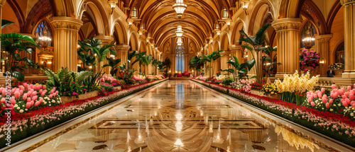 Grand Hotel Lobby with Decorative Architecture, Luxury and Elegance in Travel Destination, Colorful Design photo